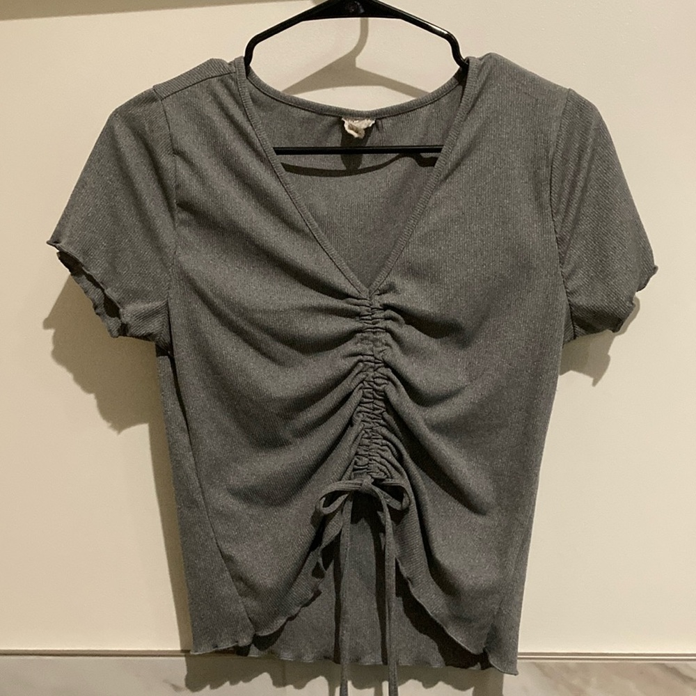 Gray Ruched V-Neck Top